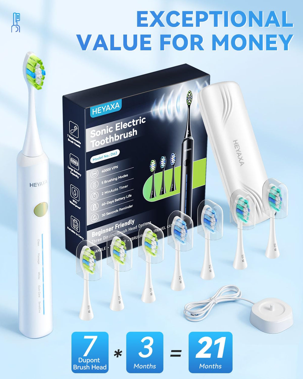 Travel case included for on-the-go brushing with space for two brush heads.