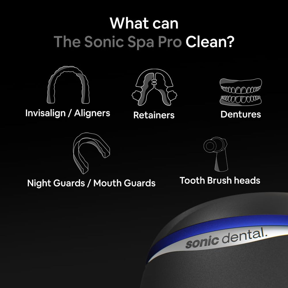 Ultrasonic cleaner cleaning dentures, braces and mouth guards with UV light