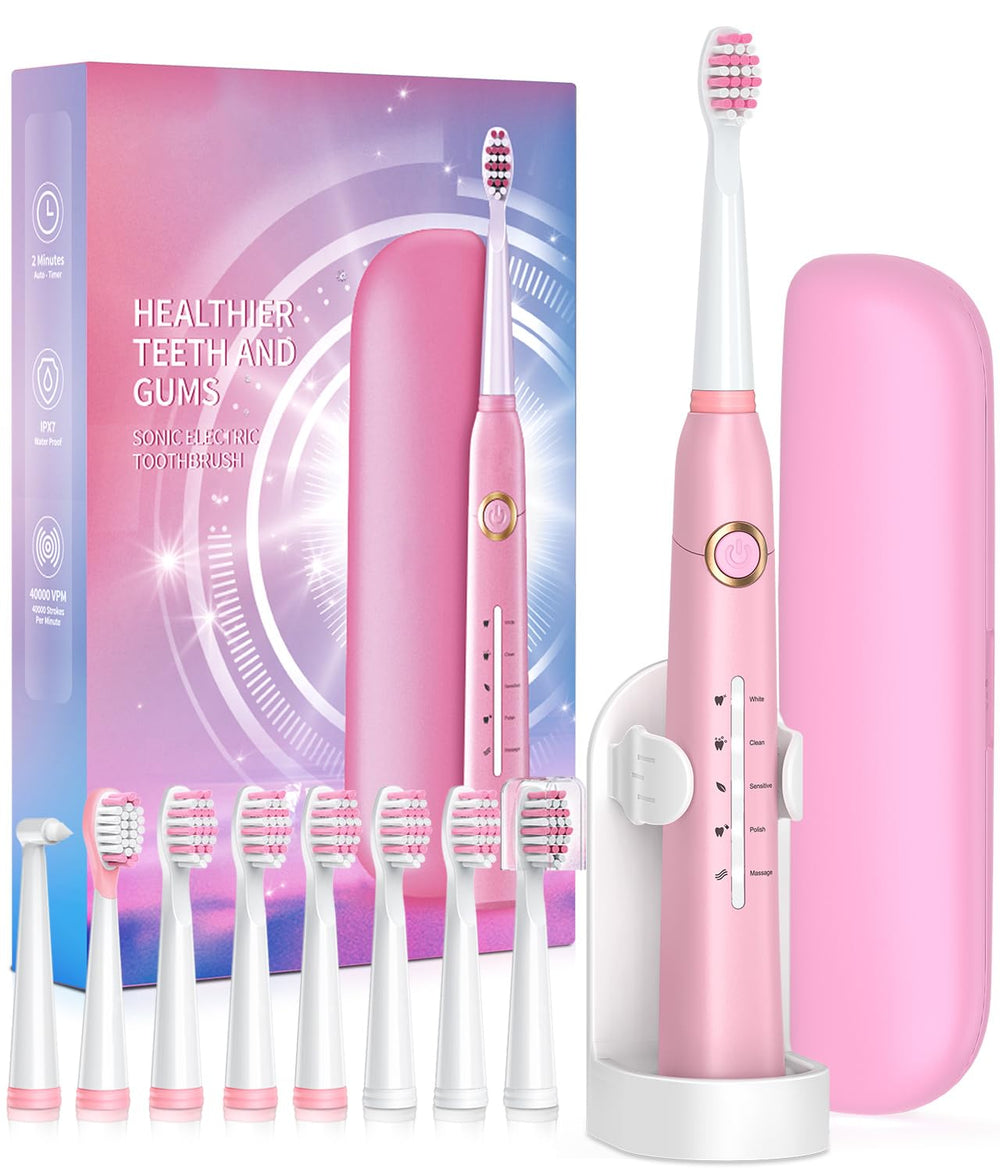 Sonic electric toothbrush pink with travel case shown front view