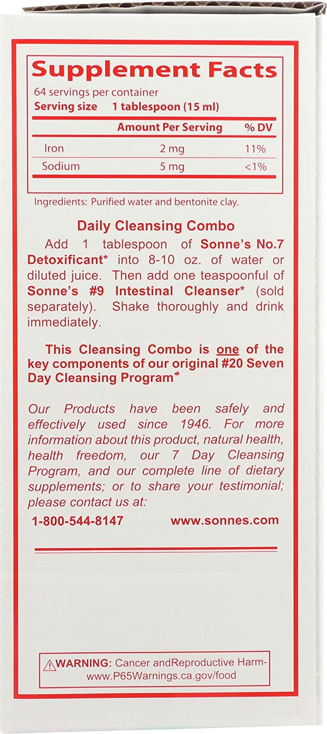 Close-up of Sonne's Detoxificant 7 label showing ingredients and usage cues.