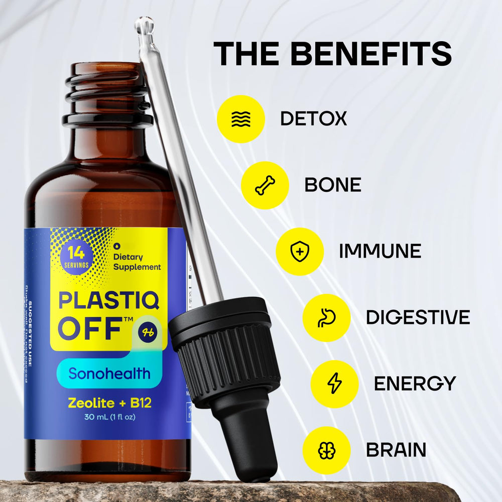 SonoHealth Plastiq Off Zeolite ingredients label highlights vitamin C and B-12.