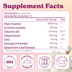 Sophie's Select label ingredients panel highlighting 40:1 Myo to D‑Chiro inositol ratio for transparency