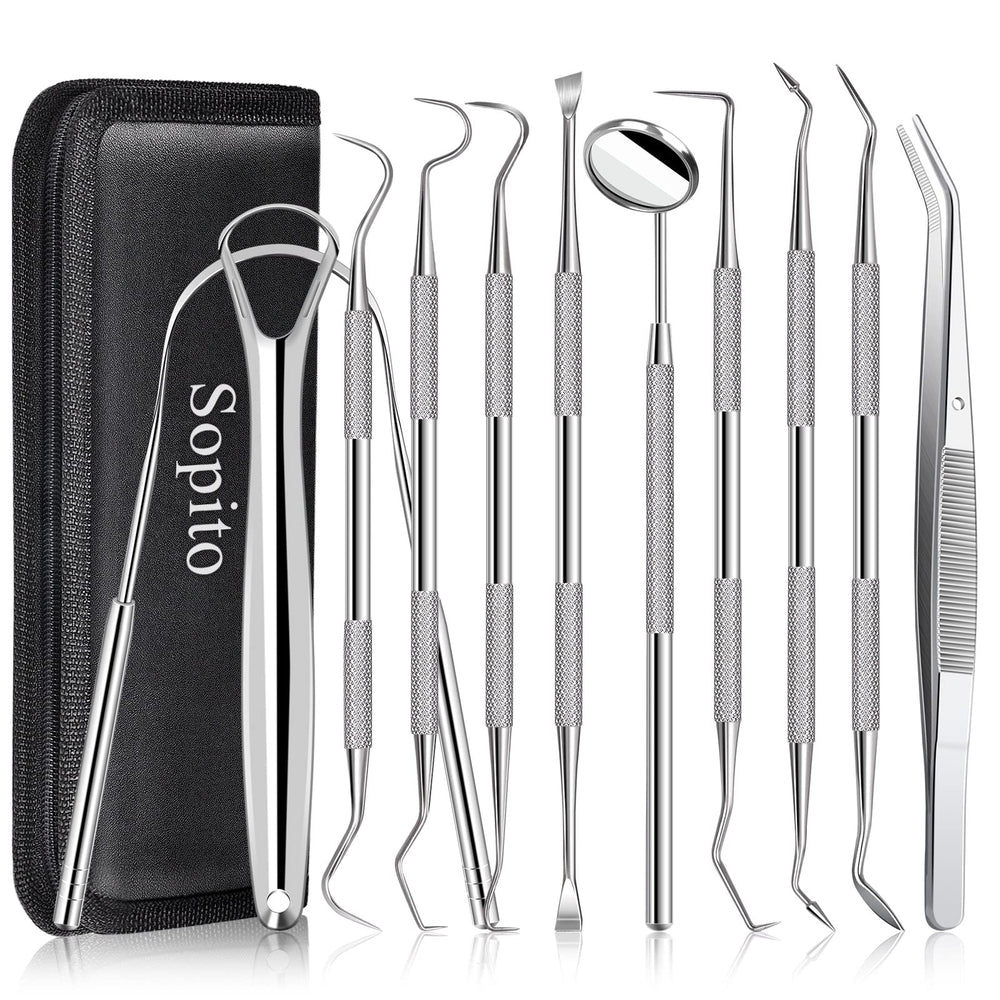 Sopito 11-piece stainless steel dental tools set with mirror, probe, and scraper