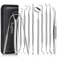 Sopito 11-piece stainless steel dental tools set with mirror, probe, and scraper