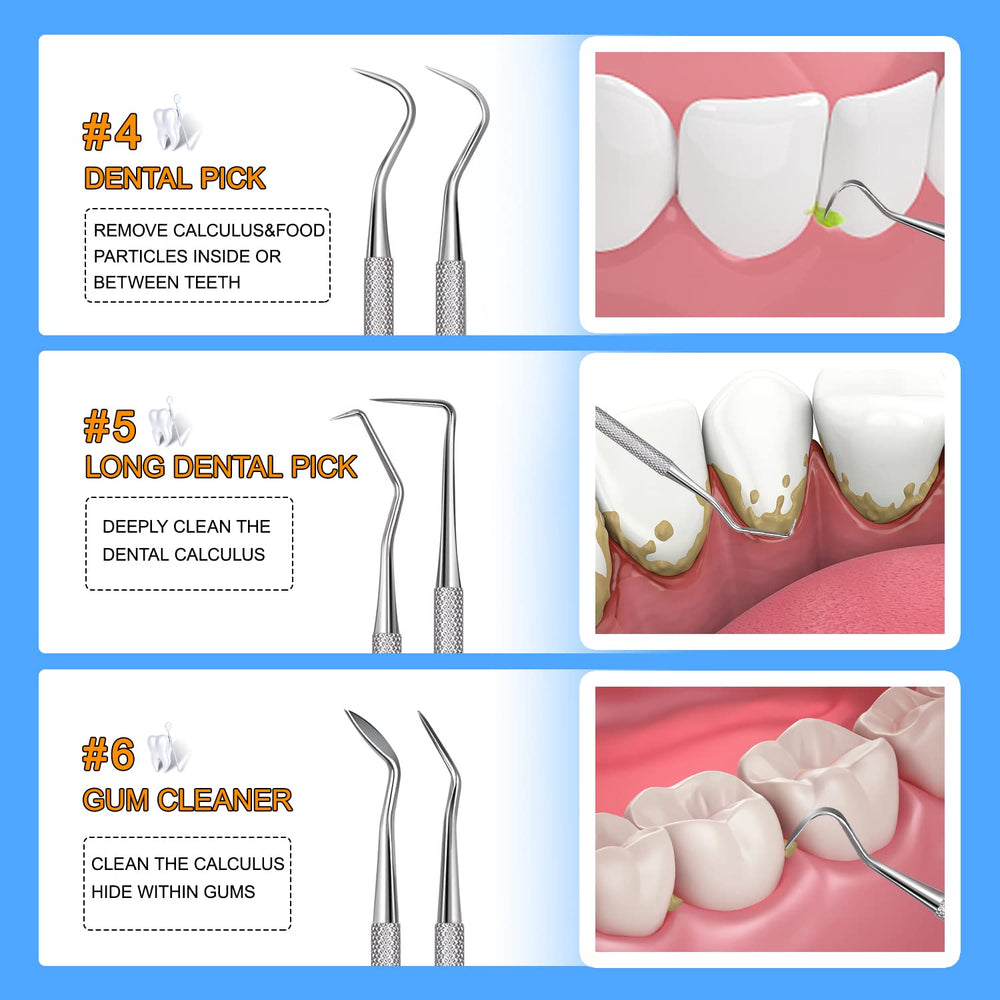Sopito 11pcs dental tools being used for cleaning around teeth and gums