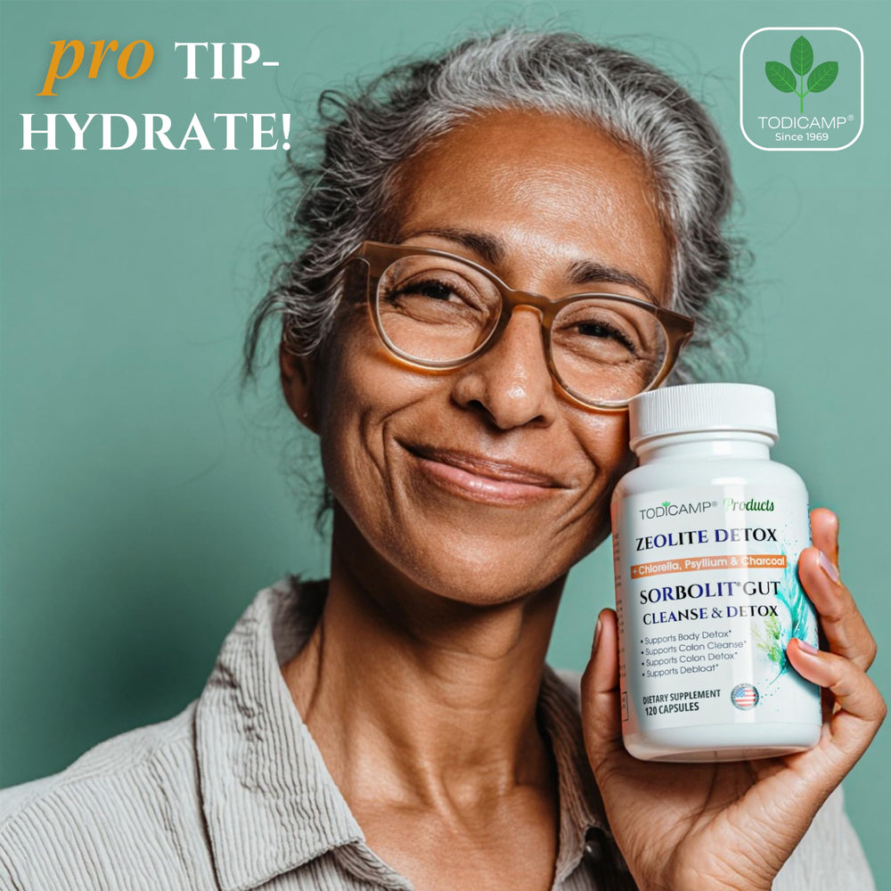 Detox and gut balance concept with zeolite and charcoal imagery