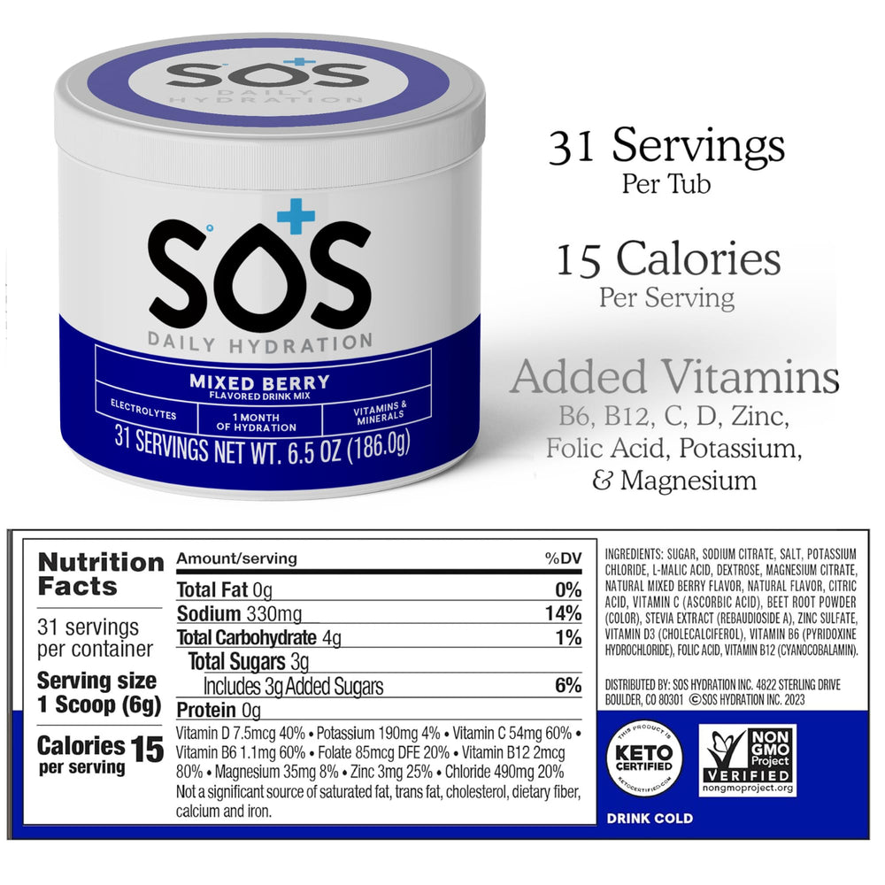Sos daily hydration Mixed Berry mix stirred in glass for flavorful electrolyte boost.