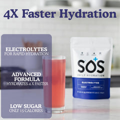 Prepared SOS Hydration drink in a glass with ice
