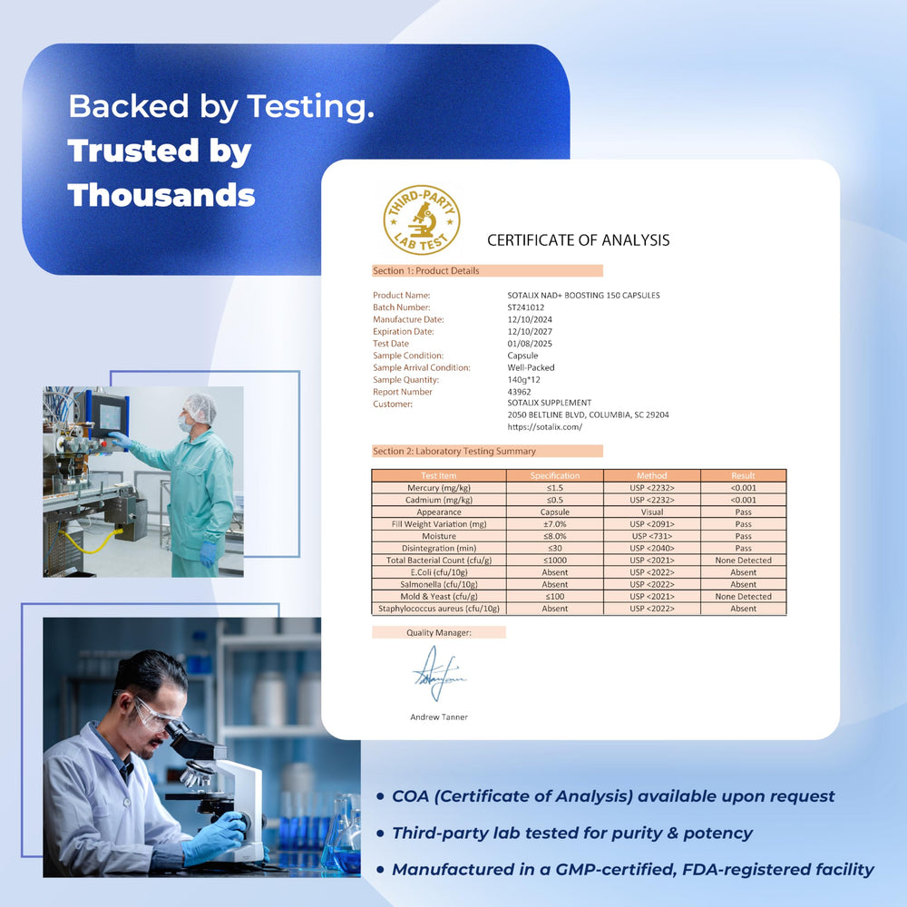 Sotalix NAD+ Booster packaging design with 9-in-1 label