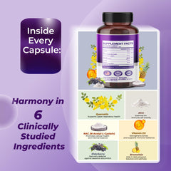 6-in-1 blend: Quercetin, Zinc, NAC, Vitamin D3, Elderberry, Bromelain