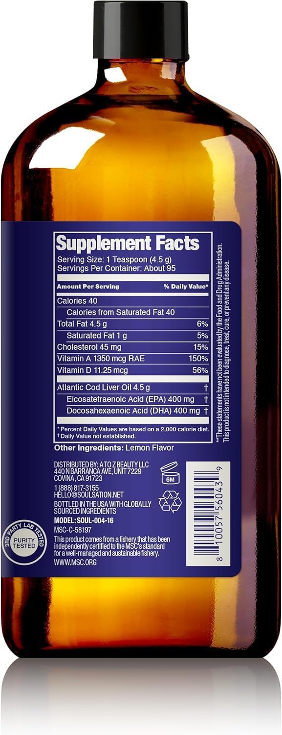 Label highlighting two simple ingredients - cod liver oil and lemon flavoring