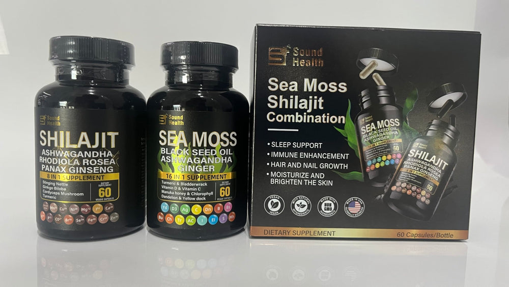 Close-up of Sea Moss capsules with herbal blends