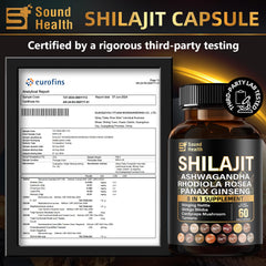 Ingredient overview showing Shilajit, Sea Moss, Burdock, Black Pepper, Turmeric, Echinacea, Elderberry, Vitamin C & D