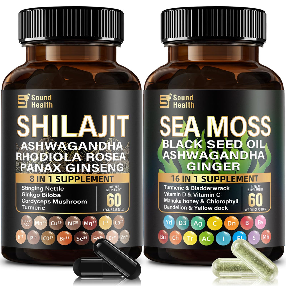 Two bottles of SoundHealth Wild Organic Irish Sea Moss & Shilajit, 60 capsules each