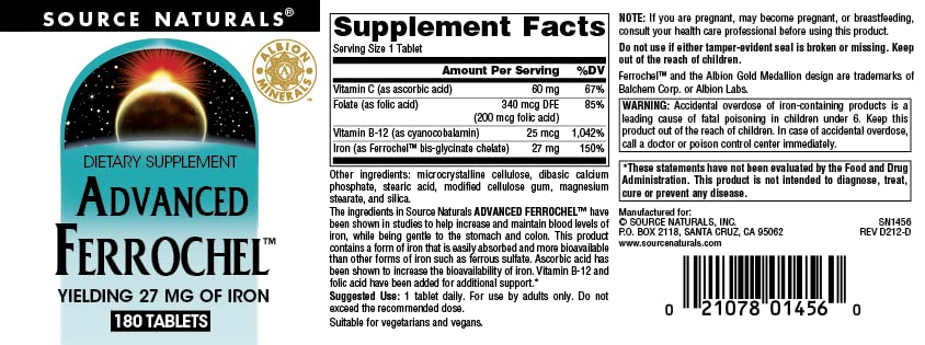 Source Naturals Advanced Ferrochel nutrition label emphasizing 27 mg iron per tablet.