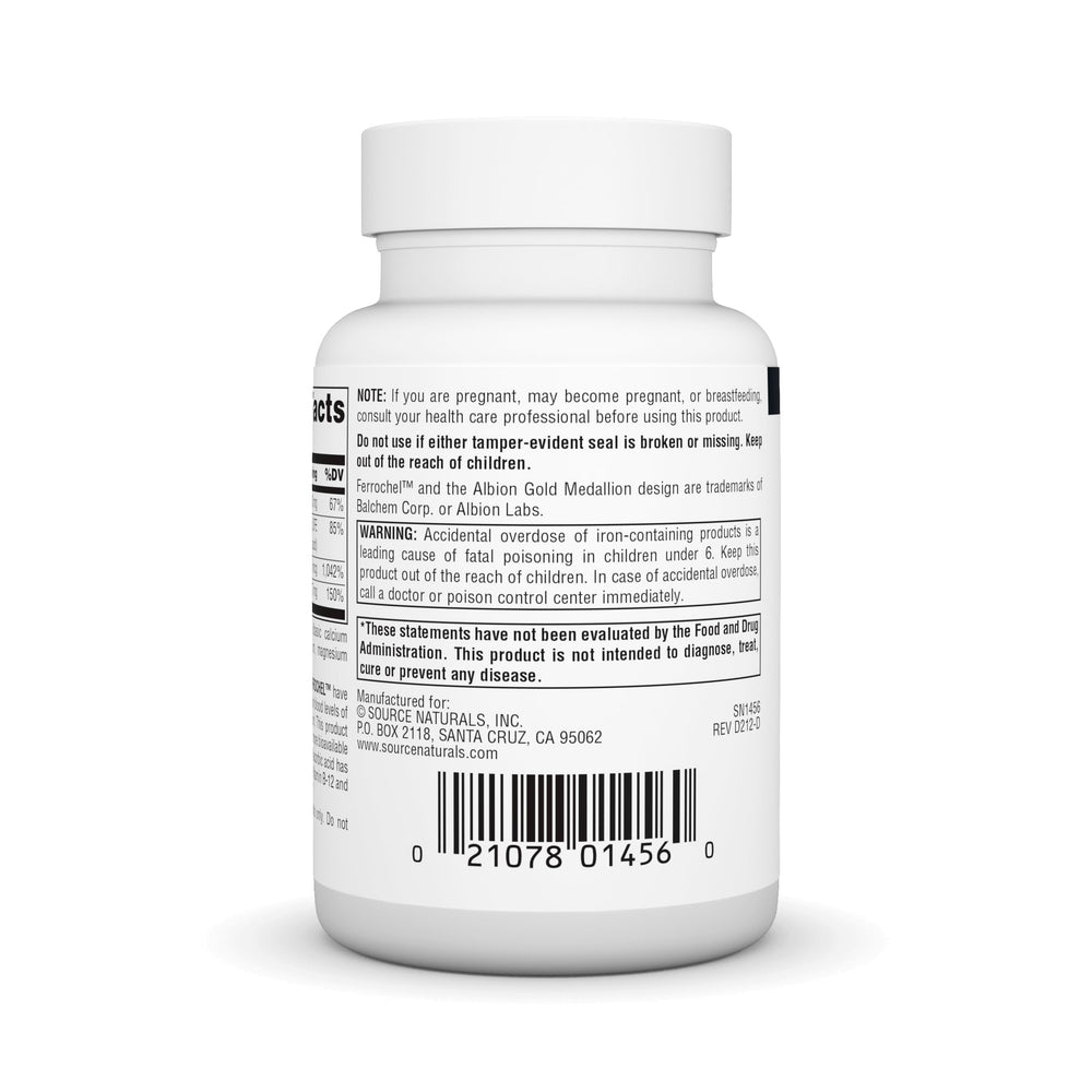 Source Naturals Advanced Ferrochel packaging box highlighting vegetarian-friendly iron option.