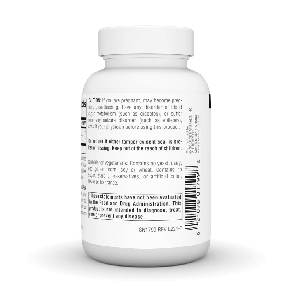Ingredients and nutrition facts for Source Naturals Acetyl L-Carnitine & Alpha-Lipoic Acid.