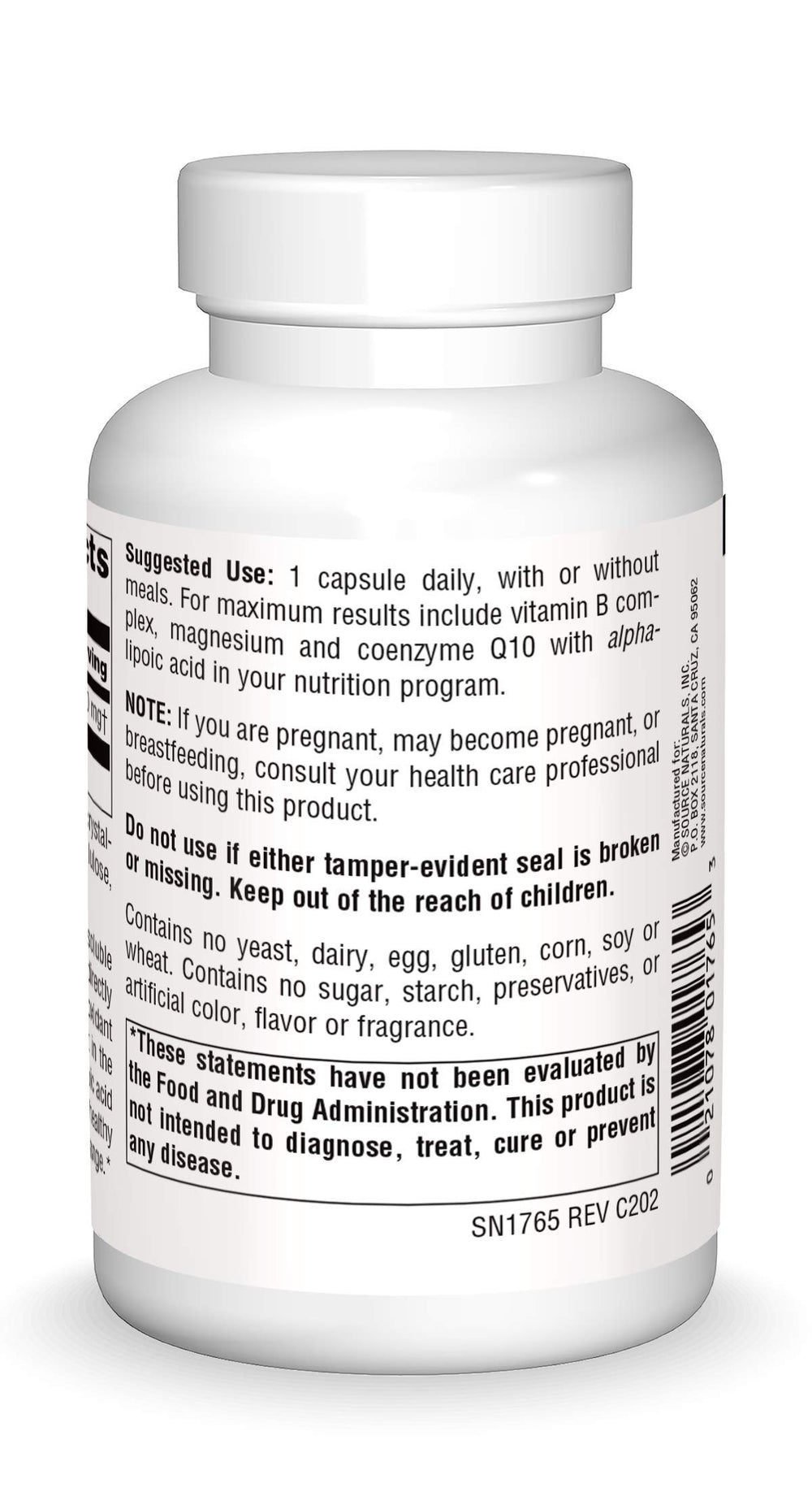 Side view of Source Naturals Alpha Lipoic Acid 300 mg 120 capsules