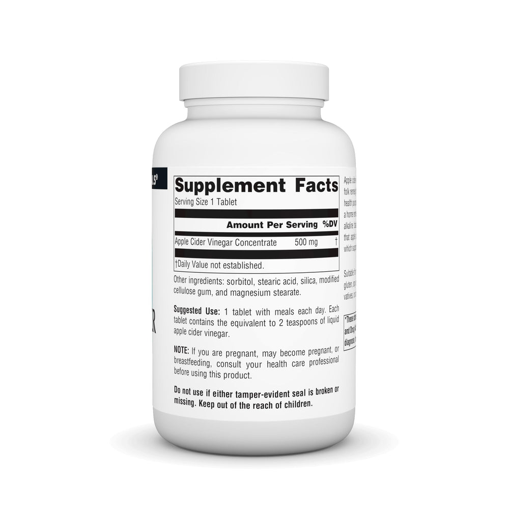 Close-up of the Source Naturals Apple Cider Vinegar 500mg bottle label