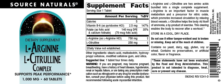 Box and bottle packaging of Source Naturals L-Arginine L-Citrulline Complex