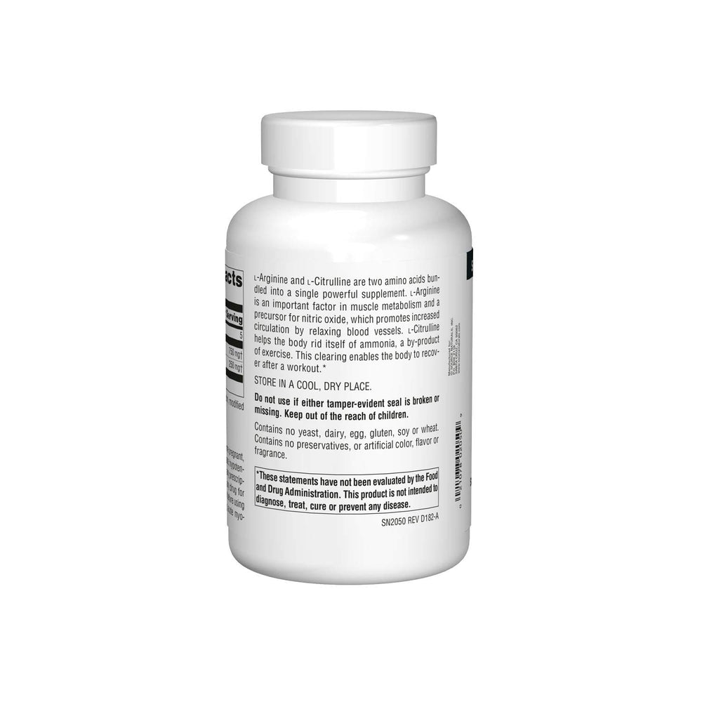 Back view of Source Naturals L-Arginine L-Citrulline Complex bottle