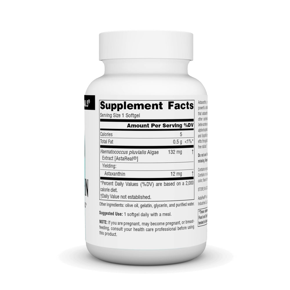 Product label showing Source Naturals Astaxanthin 12mg 90 softgels