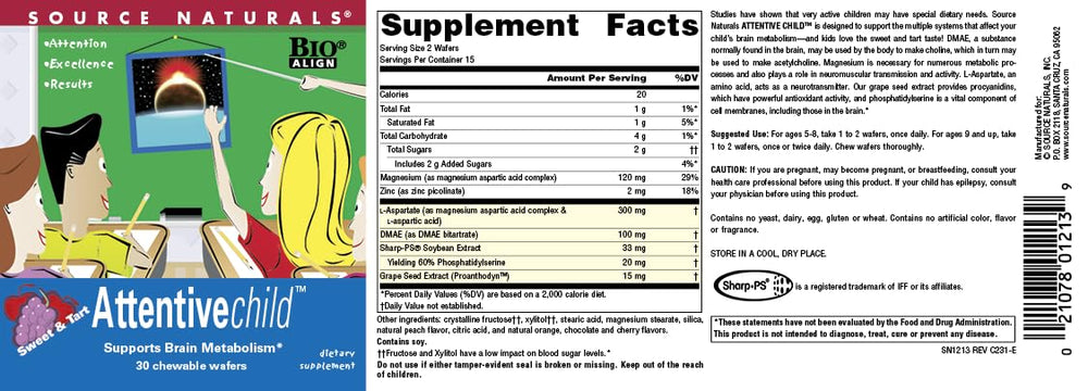 Nutrition facts panel on Attentive Child Chewable Wafers