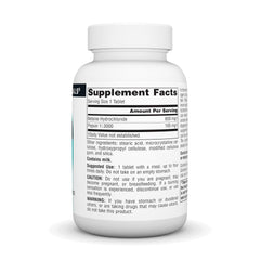 Back panel of Source Naturals Betaine HCl 650 mg 90 tabs