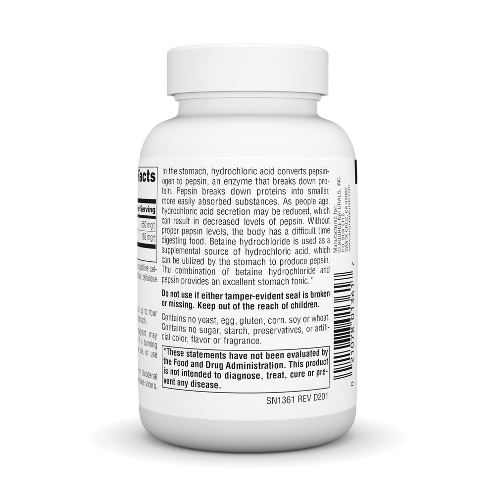 Product label for Source Naturals Betaine HCl 650 mg 90 tabs
