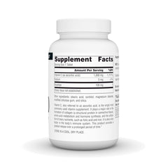 Close-up of vitamin C 1000 mg and rose hips on label