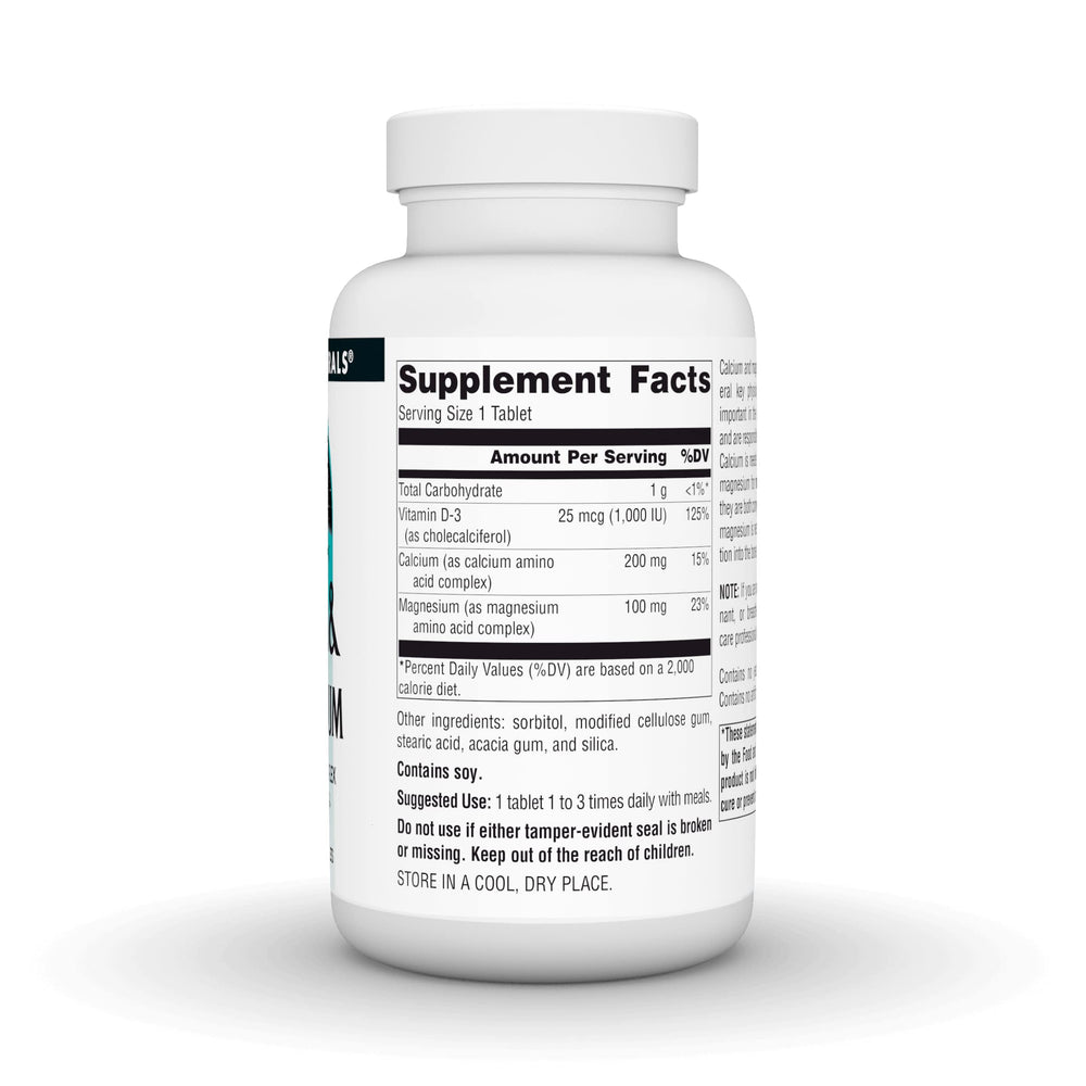 Close-up of product label for Source Naturals Calcium & Magnesium with Vitamin D-3
