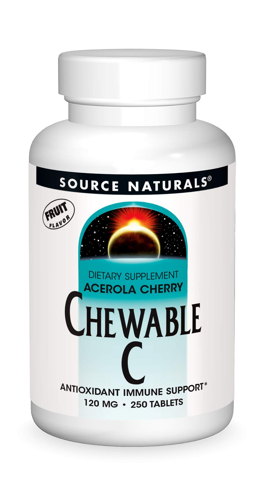 Bottle of Source Naturals Chewable C Acerola Cherry 120 mg 250 Fruit Flavored Tablets