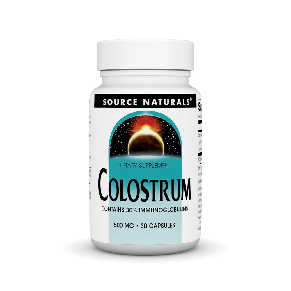 Bottle of Source Naturals Colostrum with label highlighting 30% immunoglobulins