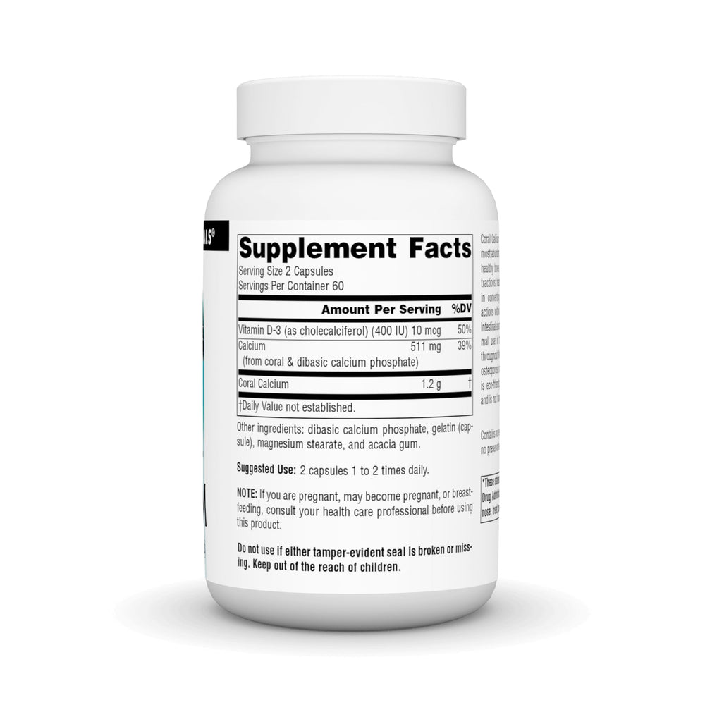 Close up of coral calcium capsules showing 600mg