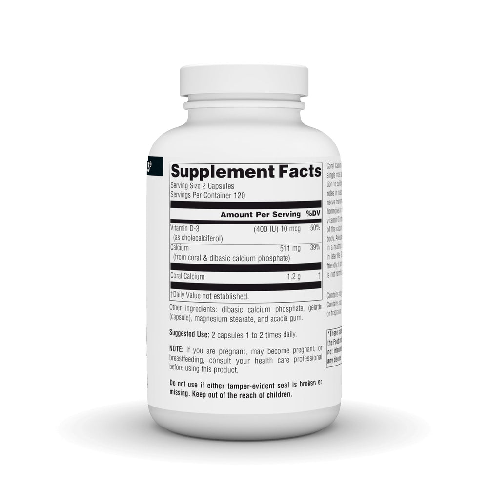 Source Naturals Coral Calcium capsules being poured from bottle for daily mineral intake