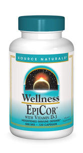 Front view of Source Naturals EpiCor with Vitamin D-3 120 capsules bottle