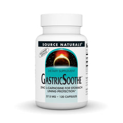 Bottle of Source Naturals GastricSoothe Zinc L-Carnosine 120 Veggie Caps on white background