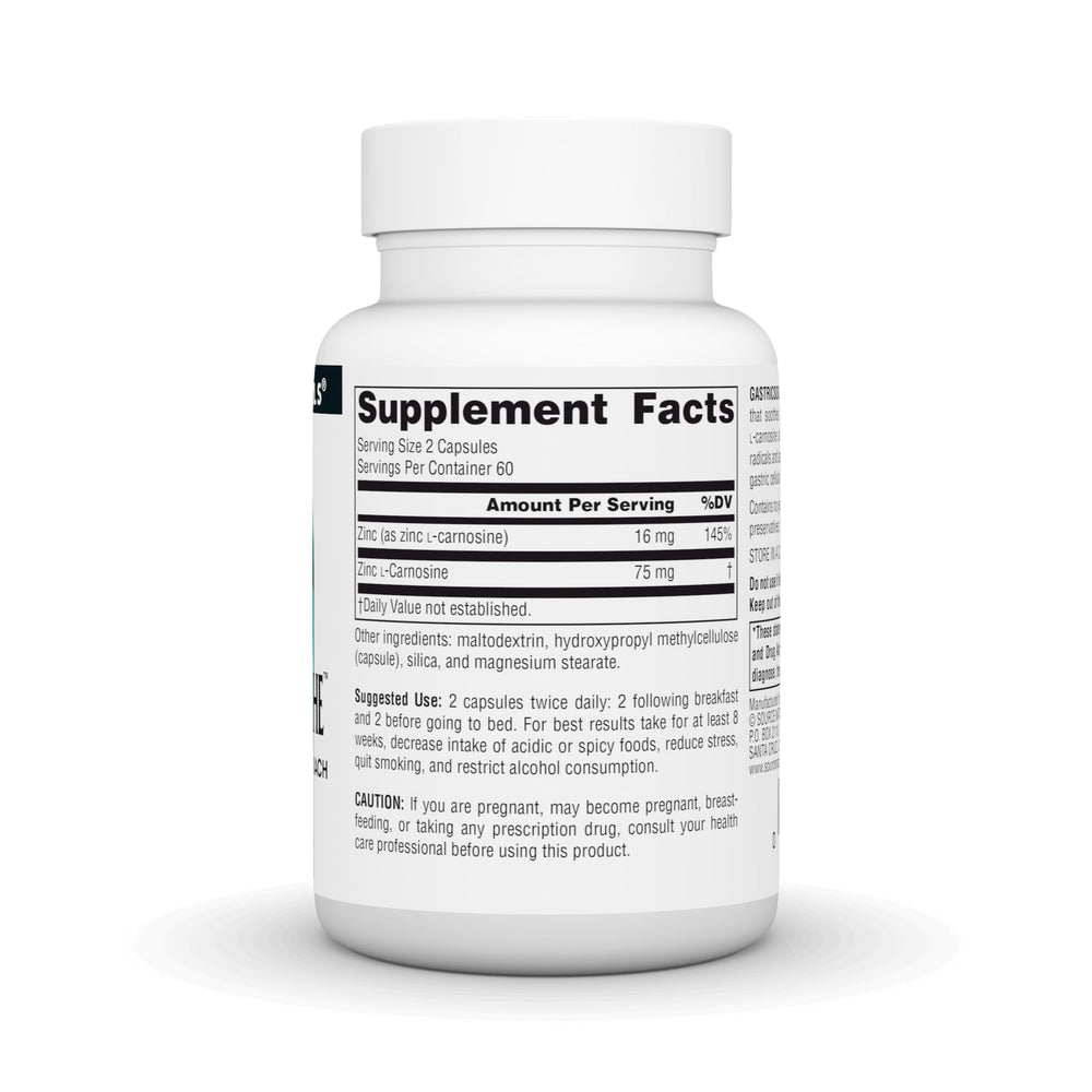 Close-up of GastricSoothe bottle label showing zinc L-carnosine