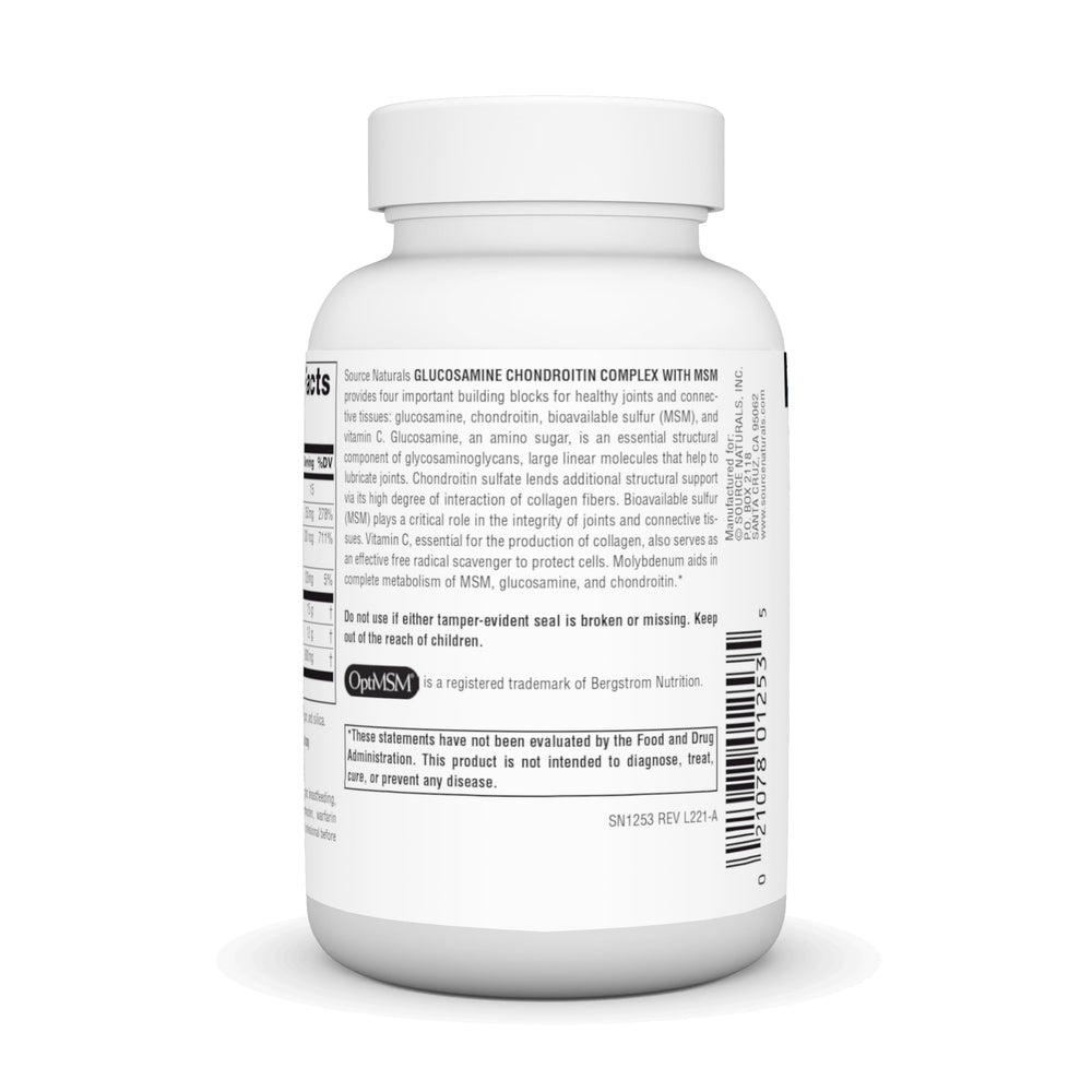 Nutrition facts panel for Source Naturals Glucosamine Chondroitin MSM supplement