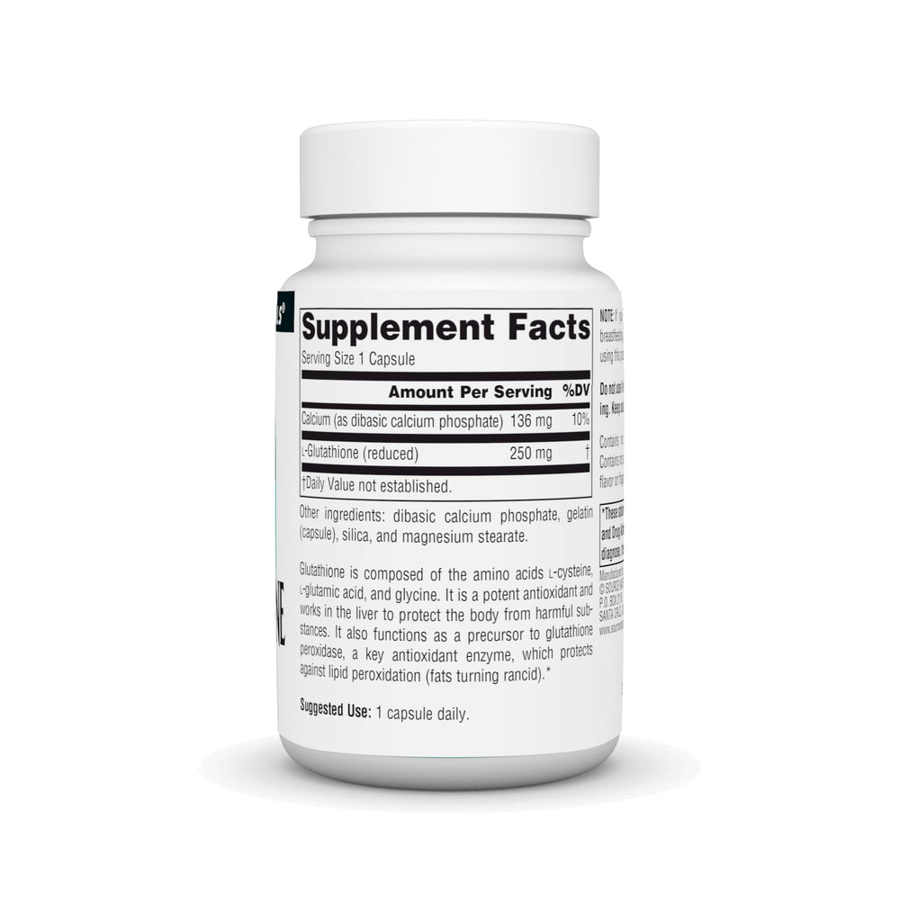 Close-up of Source Naturals Glutathione 250mg bottle label