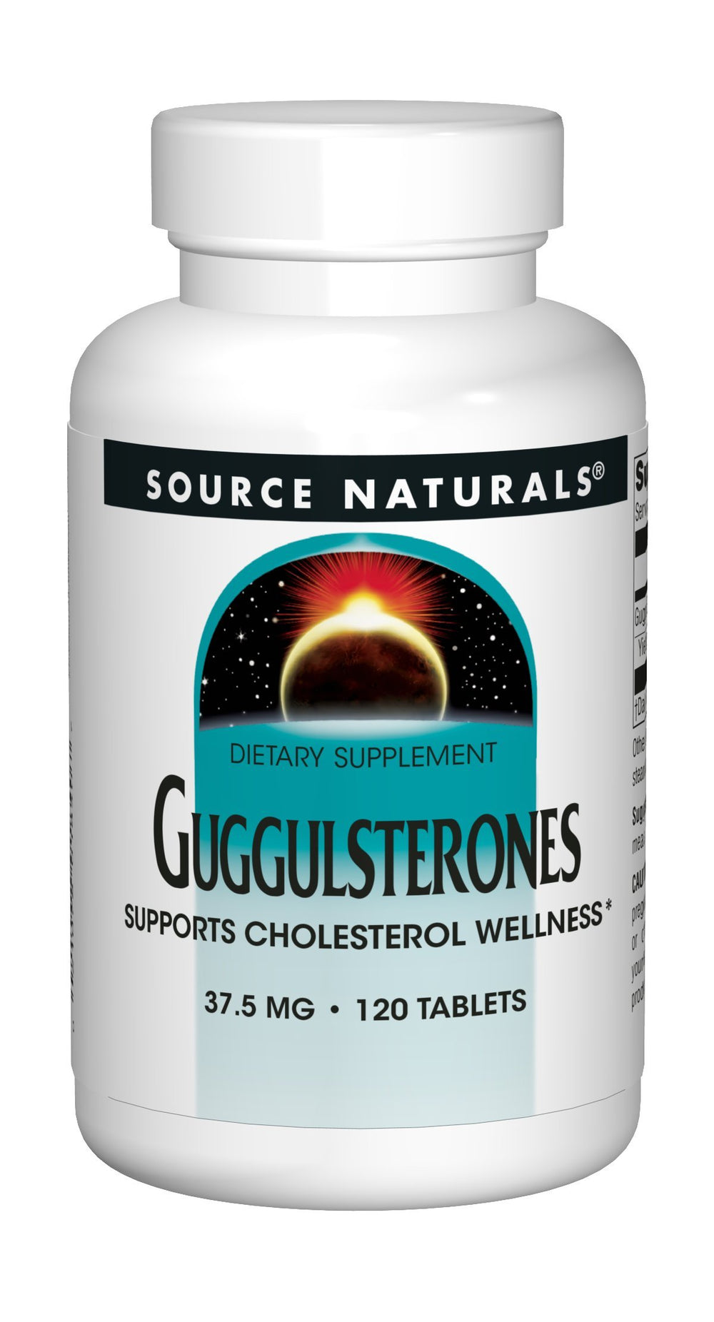 Label on Source Naturals Guggulsterones bottle showing 37.5 mg per tablet