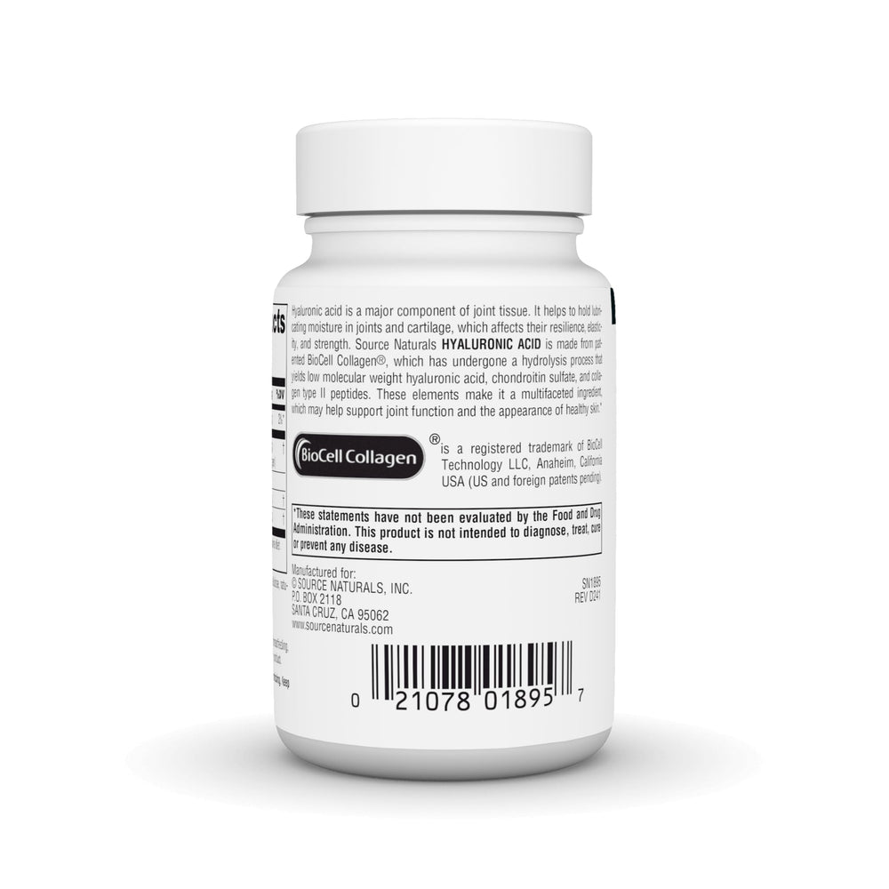 Front view of Source Naturals Hyaluronic Acid bottle
