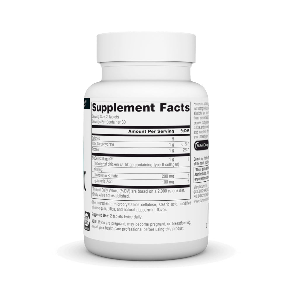 Close-up of Hyaluronic Acid tablets in bottle