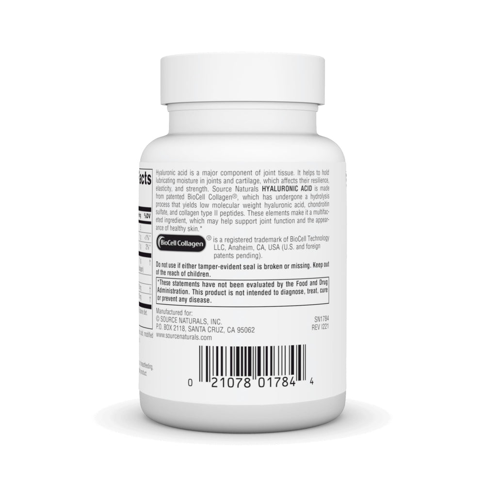 Source Naturals Hyaluronic Acid bottle label showing 50mg