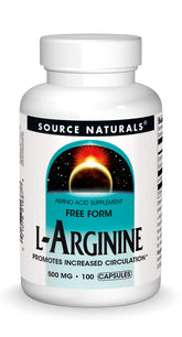 Bottle of Source Naturals Free Form L-Arginine 500mg - 100 capsules