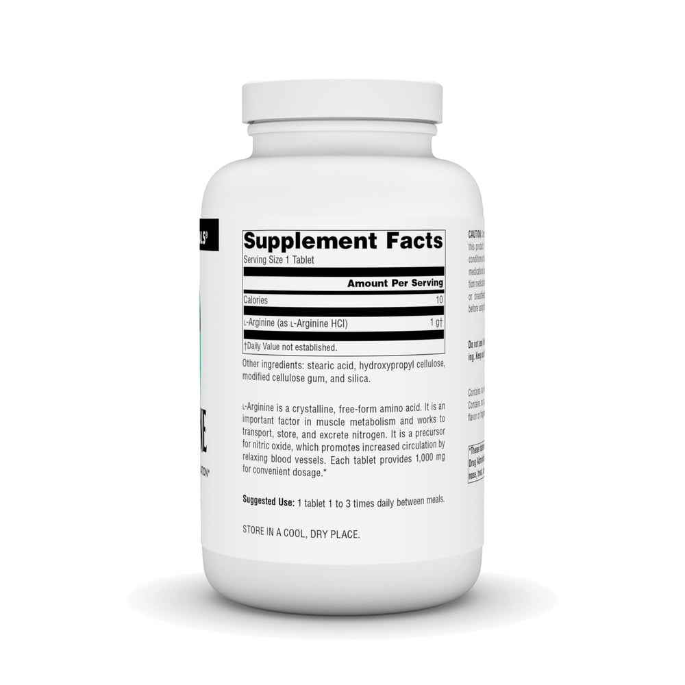 L-Arginine 1000 mg tablets next to bottle