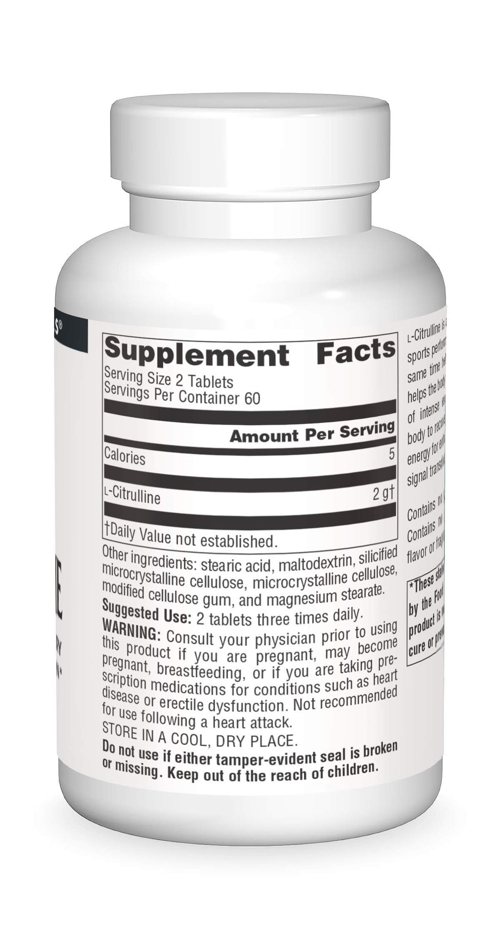 Source Naturals L-Citrulline label highlights ingredients and 1000mg per tablet