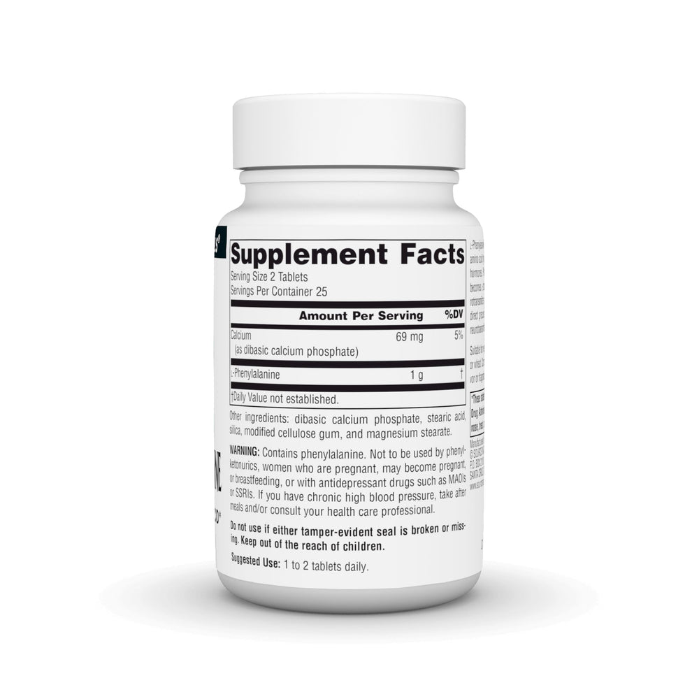 Back label on Source Naturals L-Phenylalanine Free Form bottle