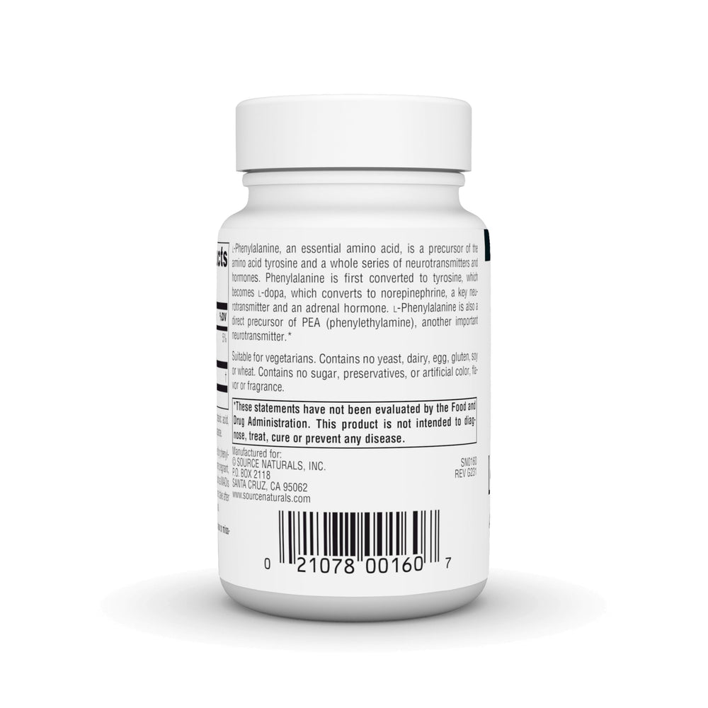 Close-up of separate tablets from Source Naturals L-Phenylalanine Free Form