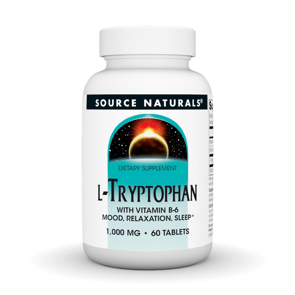 Bottle of Source Naturals L-Tryptophan with Vitamin B-6 1000 mg – 60 tablets